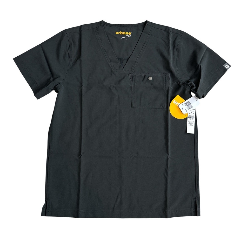 Urbane Men Performance Scrub‎ Top Black V-Neck Chest Pocket Moisture Wicking SML